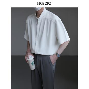ZPZ高級垂感立領短袖襯衫 男士夏季半袖上衣潮流痞帥純色免燙襯衣