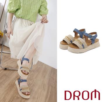 【DROM】涼鞋 厚底涼鞋/歐美潮流金屬釦帶草編設計厚底涼鞋 藍