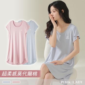 【PINK LADY】莫代爾睡裙 徐風吹拂 短袖連身居家服 (一件式/女睡衣/斜袖口/圓領/寬鬆版型/印花/外出可穿)11754