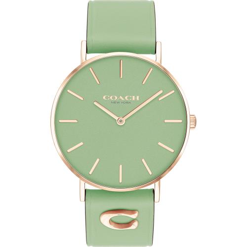 COACH Perry 品牌C字皮錶帶女錶-玫瑰金x萊姆綠 CO14503921
