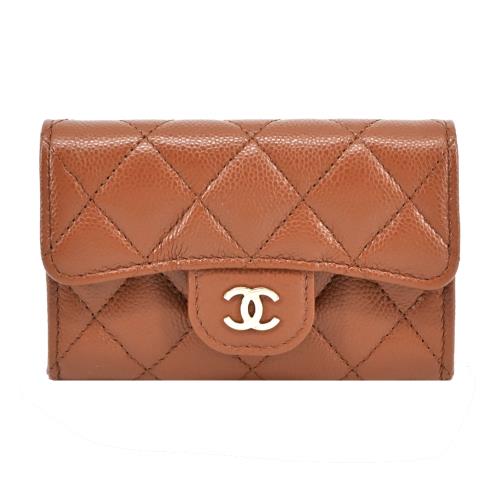 CHANEL經典雙C金屬荔枝紋小牛皮卡片/零錢夾(咖啡)