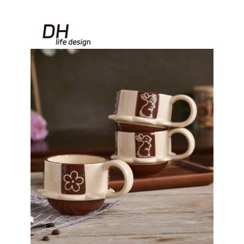 DH咖啡杯復古情侶馬克杯日式可愛陶瓷杯手繪花朵兔子早餐杯牛奶杯