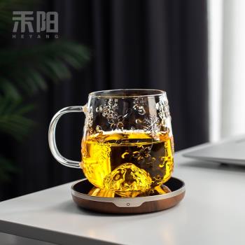 禾陽 玻璃茶杯大容量水杯恒溫加熱暖杯墊家用帶把牛奶杯花茶杯