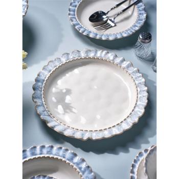 悅檬食器法式煙藍花邊陶瓷餐具套裝釉下彩家用盤子大湯碗北歐簡約