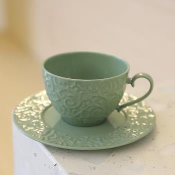 中古ins陶瓷咖啡杯碟復古歐式下午茶杯子浮雕純白拉花杯粉咖啡杯