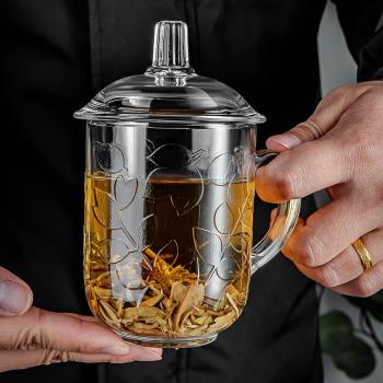 家用耐熱防燙玻璃杯茶飲杯帶蓋杯子泡茶把手杯花茶杯辦公室主人杯