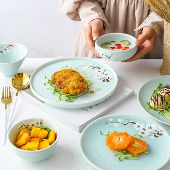 食之器 新中式陶瓷手繪梅花湯盤 西餐盤家用牛排盤圓形碟子早餐盤