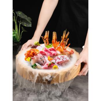 日式刺身盤仿木紋圓盤塑料壽司盤料理盤冰盤三文魚海鮮盤生魚冰板