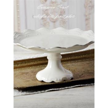歐式宮廷浮雕白色陶瓷水果盤 高腳盤 婚慶盤 歐系家居擺設盤 瑕疵