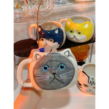 FunLife生活館 可愛重工手繪釉下彩貓咪馬克杯 咖啡杯 陶瓷水杯