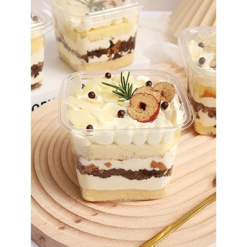 奶油盒子蛋糕塑料透明杯網紅400ML方形慕斯杯PET水果撈打包盒豆乳