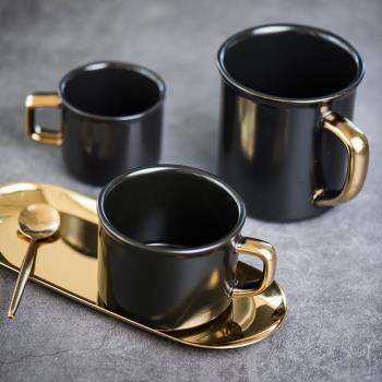 復古金把手黑色陶瓷馬克杯水杯咖啡杯子隔熱杯墊甜品碗西餐盤托盤