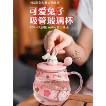 可愛兔杯子高顏值女生帶蓋勺把手吸管玻璃杯耐高溫辦公室家用水杯