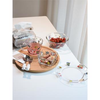 日式可愛動畫沙拉碗水果玻璃碗面碗家用甜品碗點心盤子早餐兒童碗