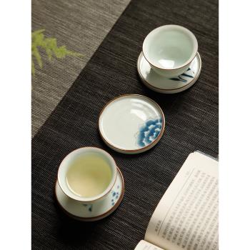 復古青花茶杯墊託日式手繪杯託陶瓷茶墊隔熱茶托功夫茶道茶具配件