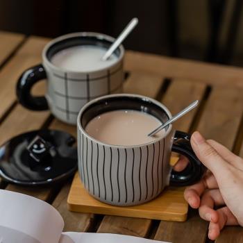 美式復古陶瓷水杯情侶帶蓋勺男生馬克杯女家用辦公室早餐咖啡杯子