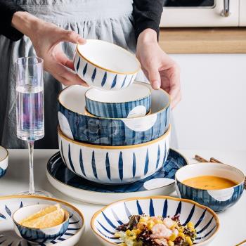 日式手繪陶瓷布紋碗家用套裝餐盤
