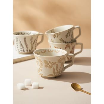 復古浮雕粗陶馬克杯高檔手繪咖啡陶瓷杯創意大容量家用小眾水杯子