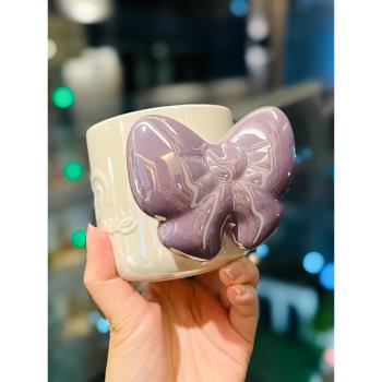 高顏值輕奢高級感陶瓷喝水杯子小眾設計女生伴手禮紫蝴蝶結馬克杯