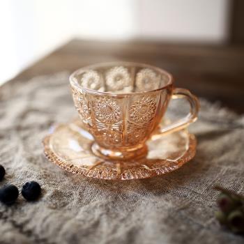 復古浮雕玻璃杯紅茶咖啡杯碟套裝下午茶水杯咖啡館歐式杯子茶杯