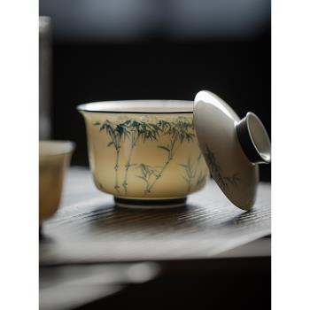 手工手繪陶瓷防燙蓋碗中式復古茶碗青花茶具主人碗品茗杯茶杯禪意