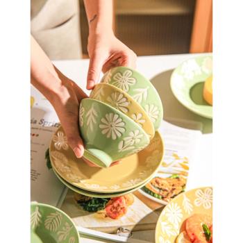 舍里日式高顏值陶瓷花朵斗笠面碗湯碗浮雕橢圓盤清新甜品碟早餐盤