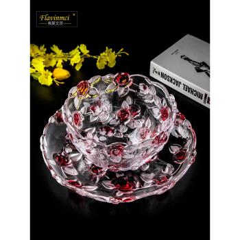 大號玫瑰水晶玻璃果盆果盤套裝創意家用干果盤零食盤禮品水果盤