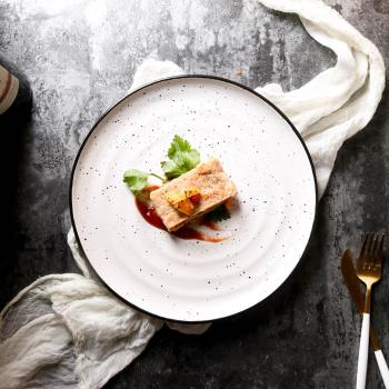 創意10英寸斑點陶瓷圓平盤家用沙拉盤熱菜盤西餐廳牛排盤螺紋盤子