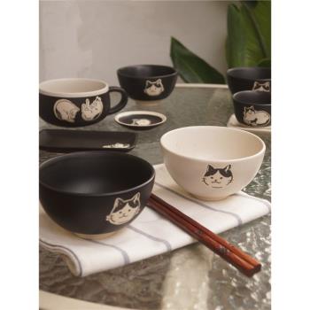 JW 日D 釉下彩和風手繪素描貓咪系列粗陶馬克杯湯杯 蘸料碗 茶杯