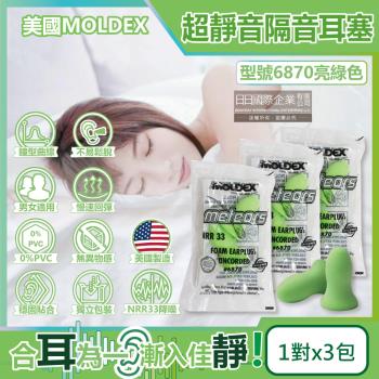 (3包超值組)美國MOLDEX-Meteors鐘型曲線PU慢回彈超靜音耳塞-亮綠色 型號6870(NRR33dB降噪規格,露營旅行配件,標準流星型)
