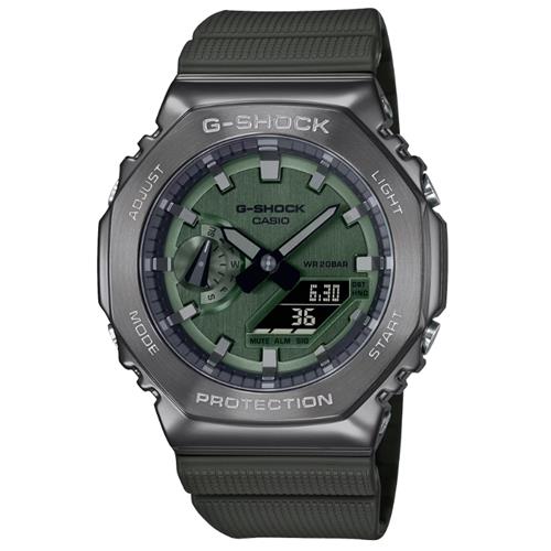 【CASIO 卡西歐】 G-SHOCK 八角金屬錶殼 雙顯手錶-灰x綠_GM-2100B-3A_44.4mm