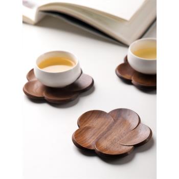 日式黑胡桃木杯墊創意花朵實木質圓形茶杯托壺承咖啡杯托隔熱墊