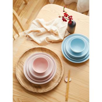 日本進口手工美濃燒家用日式釉下彩餐具色拉盤冰淇淋粉色藍色盤子