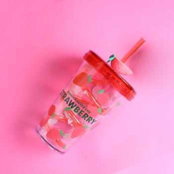 夏季水果吸管防塵旋轉兒童塑料水杯女孩生日禮品杯草莓檸檬隨手杯
