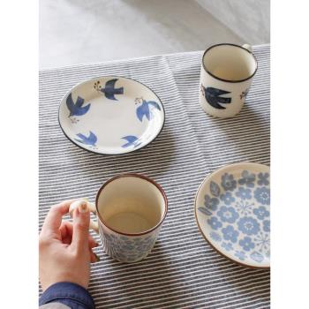 日本制美濃燒北歐風格小花海鷗咖啡陶瓷馬克杯早餐甜點盤麥片湯碗