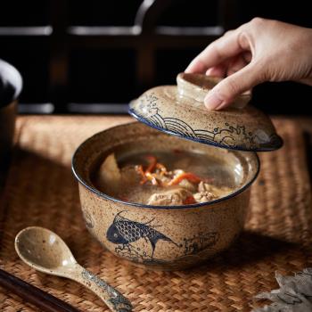 日式家用復古碗陶瓷麵碗帶蓋泡麵碗學生宿舍湯碗瓷碗加熱個人專用