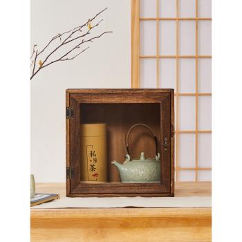 燒桐木桌面小書柜茶具茶杯置物架收納盒實木防塵亞克力玻璃儲物柜