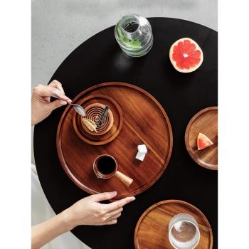 ins復古木質托盤純色圓形 日式收納茶盤咖啡廳大號蛋糕點心甜品盤