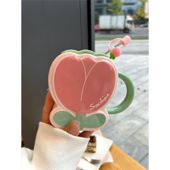 網紅設計感郁金香杯子韓式卡通家用陶瓷杯帶蓋吸管牛奶咖啡水杯子