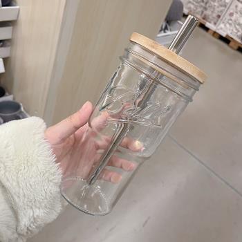 美式梅森冷萃杯木制粗孔蓋吸管杯大容量珍珠奶茶玻璃杯飲料果汁杯
