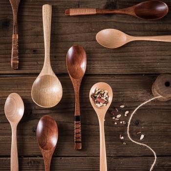 日式天然原木長柄木勺子吃飯用叉子勺子套裝家用實木小木勺蜂蜜勺