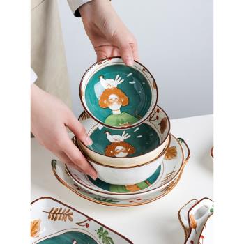 川島屋童話日式卡通餐具可愛小碗飯碗陶瓷碗湯碗創意個性家用盤子