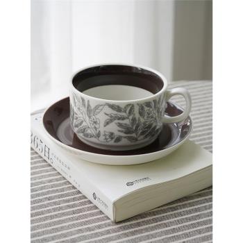 然而家 北歐中古復刻棕木槿咖啡杯碟復古vintage釉下彩陶瓷拉花杯