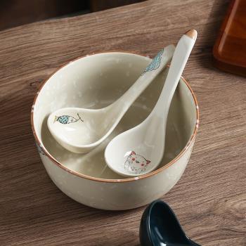日式釉下彩陶瓷長柄大湯勺家用吃面喝湯創意調羹湯匙喝粥吃飯勺子