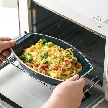 雙耳烤盤船型芝士焗飯烤盤家用長方形微波爐陶瓷盤子烤箱專用器皿