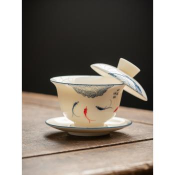 手繪羊脂玉單個懸停蓋子碗茶杯陶瓷泡茶碗白瓷懸浮三才敬茶碗茶具