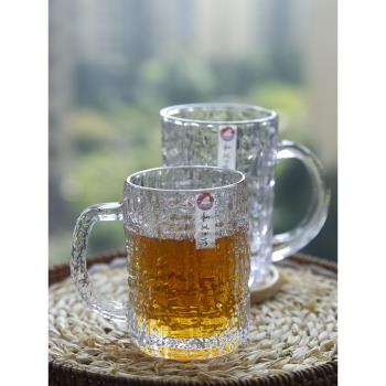 和風四季日式透明玻璃杯子家用帶把開水杯大容量啤酒杯飲料杯茶杯