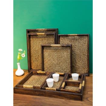 泰國實木藤編托盤長方形家用放茶水杯復古木質茶盤日式竹編茶托盤