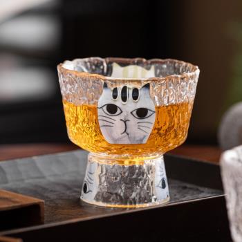 貓咪錘紋玻璃杯家用甜品冰激凌杯子果汁杯高足零食碟男女情侶水杯