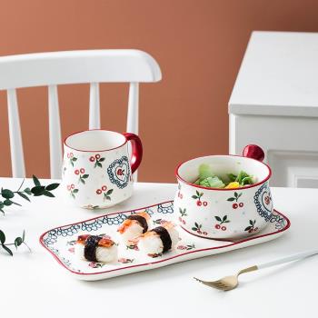 日式ins櫻桃手繪釉下彩陶瓷餐具套裝家用米飯碗水果碗沙拉小碗盤